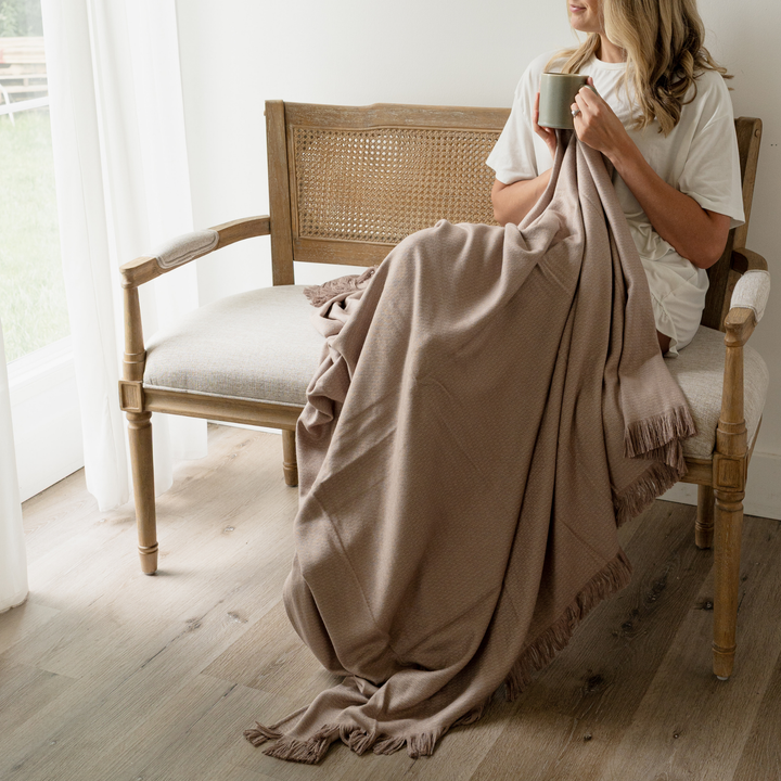 Flax Bamboo Woven Fringe Blanket 