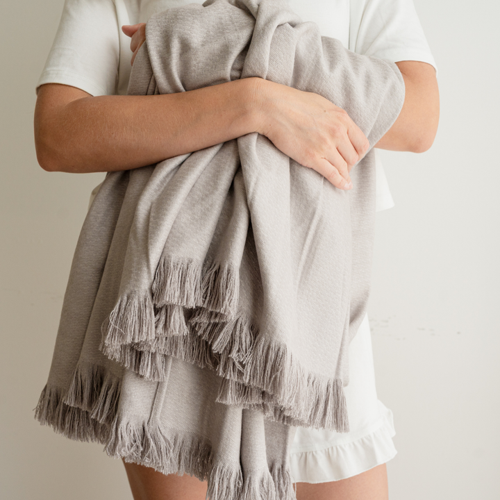 Stone Bamboo Woven Fringe Blanket 