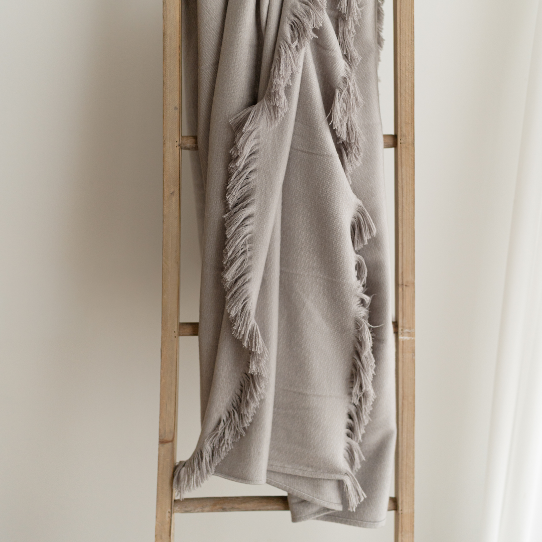 Stone Bamboo Woven Fringe Blanket 